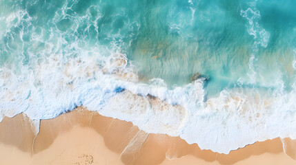 Fototapeta na wymiar Top view sand beach, blue ocean waves photo