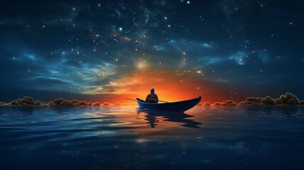 Surreal concept man rowing boat glow high resolution Ai generated attractive photo - obrazy, fototapety, plakaty