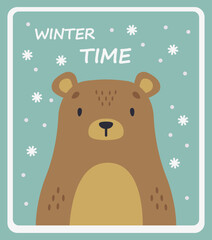 Cute brown bear on a snowy background. Cartoon winter poster. Vector postcard.