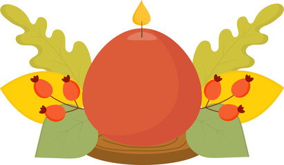 Autumn candle, decorative decoration. Autumn leaves, red berries.