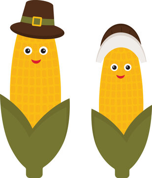 Corn in a pilgrim's hat. Cob of corn. Thanksgiving day.