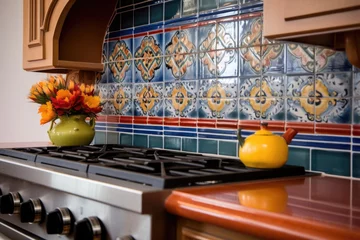 Foto op Canvas close-up of a spanish style decorative tile in kitchen © Alfazet Chronicles
