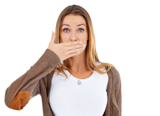Portrait, covering mouth and woman with shock, news and secret isolated on a transparent background. Face, person and model with emoji, surprised and wow with omg, png and reaction with gossip