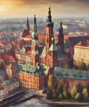 aerial view of the city, castle, market, ambient vibe, Krakow, Poland, illustration
