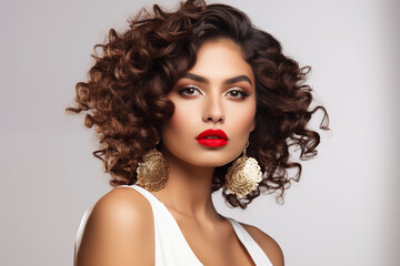 Beautiful Mexican woman with red lips make up and curly hair wears earrings and white dress - obrazy, fototapety, plakaty