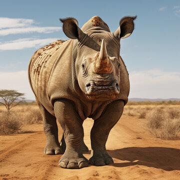 Fotografia con detalle de imponente rinoceronte en medio de un paraje natural de su habitat habitual en Africa