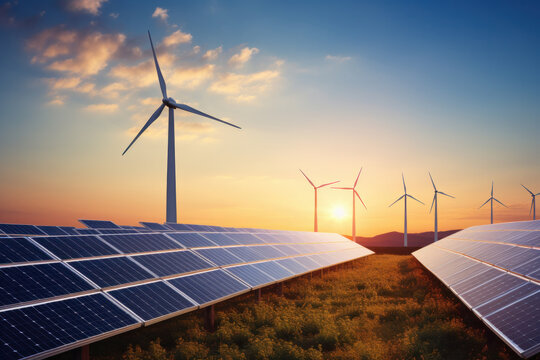 Sunrise eco power: Wind Turbines and Solar Panels in Harmony. ai generative