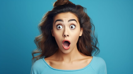 Portrait of attractive amazed girl sudden incredible news reaction wow isolated over bright blue color background. Made with generative ai - obrazy, fototapety, plakaty