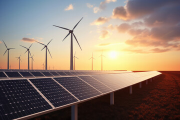 Sunrise Energy Farm: Solar Panels and Wind Turbines Aligned. ai generative - obrazy, fototapety, plakaty