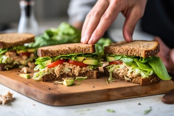 individual filling their sandwich with lettuce and tuna salad