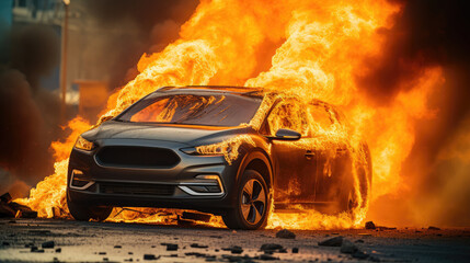 Electric car catches fire. Fire hazard from electric vehicles,Short Circuit , Car accident on the road, Red Car catched fire due to short circuit to uncontrol - obrazy, fototapety, plakaty