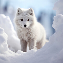 Obraz premium Fotografia con detalle de pequeño zorro de las nieves entre paisaje nevado