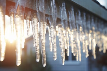 Close-up capture of icy stalactites hanging from a roof under the winter sun creating a festive mood