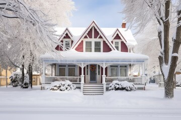 snow covered victorian home with wrap-around porch