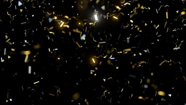 Golden flickering confetti party popper falling on black background, 4K greeting holiday animated wallpaper