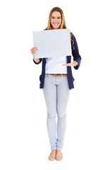 Fototapeta premium Happy woman, portrait and sign for advertising or marketing isolated on a transparent PNG background. Female person or model smile with poster or billboard in message, notification or alert on mockup