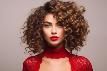 Fototapeta premium Beautiful Mexican woman with red lips and curly hair wears red dress. Close up portrait