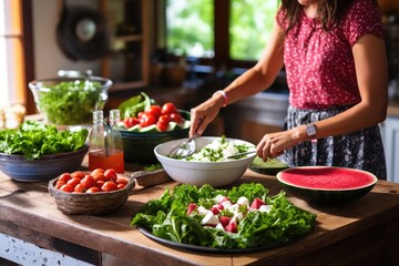 woman setting a table with watermelon and feta salad