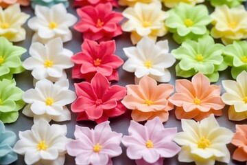 array of fondant flowers ready for cake decorating