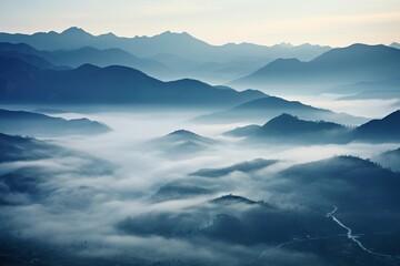 Beautiful landscape of mountains in foggy morning. Beauty in nature.