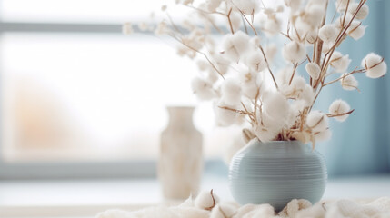 Soft cotton branches in a vase on a cozy background