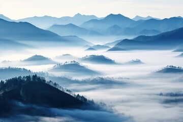 Beautiful landscape of mountains in foggy morning. Beauty in nature.