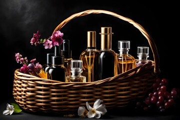 Obraz na płótnie Canvas perfume Bottles In Basket On Black Background Wine Bottols On Basket