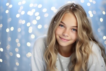 Christmas Studio Snapshot: A Gleaming Blonde Teenager Draped in Fairy Lights with a Pastel Blue Background
