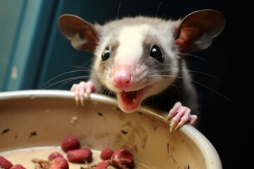 a possum sneaking into a pets food dish left outside