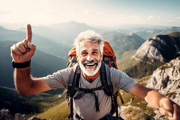 Portrait of happy smiling hiker with hoary beard and hair with hand up in mountain peak during extreme expedition