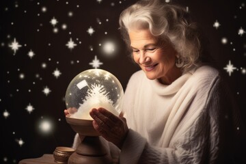 Naklejka premium An enchanting winter scene of an elderly woman gently holding a snow globe in a snowy Christmas studio