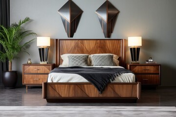 art deco bedroom set with geometric bedspread and wooden nightstand - obrazy, fototapety, plakaty