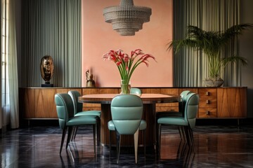 a dining room set with art deco chairs and matching table