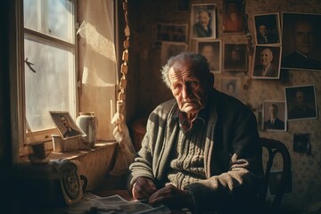 Elderly man sitting by the window in an old apartment, old photo in hand, loneliness