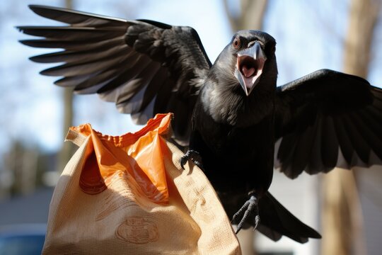 a crow pecking at an open bag of chips