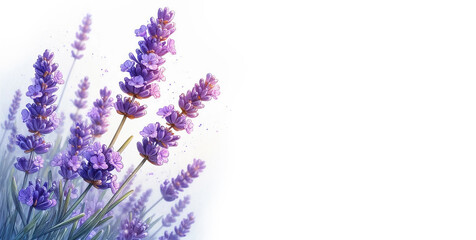 Bunch of lavender flowers on white background. Generative AI.