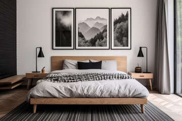 a bedroom featuring a streamlined wooden bed, monochrome bedding, and bold wall art