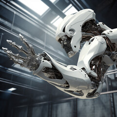 Industrial Factory Scene Featuring Robotic Arm Holding Gynoid in Three-Dimensional Render