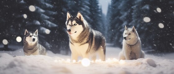  husky with sleigh in Christmas Day at winter forest - obrazy, fototapety, plakaty