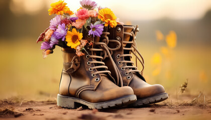 Orange and yellow flowers in brown boots in garden ,spring concept - Powered by Adobe