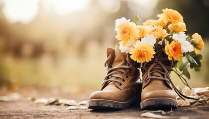 Orange and yellow flowers in brown boots in garden ,spring concept - obrazy, fototapety, plakaty