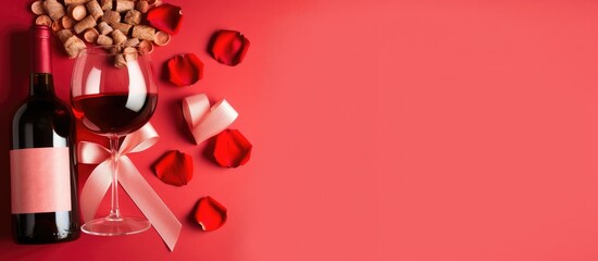 red wine bottle and glass with rose petals 