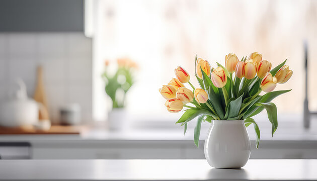 Tulips in a vase in the kitchen ,spring concept