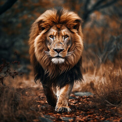 Obraz premium Fotografia con detalle de imponente leon caminando entre zona natural