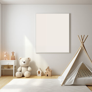 canvas mockup in a kid's bedroom with a teddy bear and tent