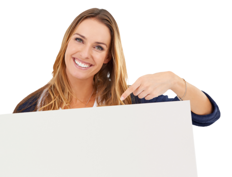 Portrait, woman and pointing to poster for advertising space, promotion or information about us isolated on transparent png background. Presentation, sign board and smile for mockup, news or feedback