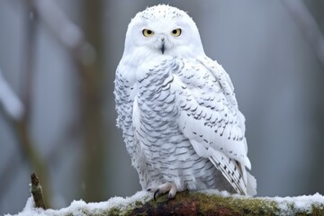 snowy owl perching on a frost-covered branch