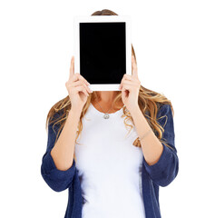 Woman, face or screen of tablet for advertising space, sign up offer or mockup newsletter isolated...