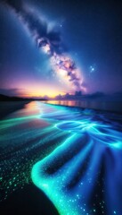A mesmerizing display of neon blue light patterns along the shoreline under a celestial dusk