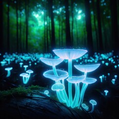 A twilight forest comes alive with the ethereal blue light of bioluminescent mushrooms on a log